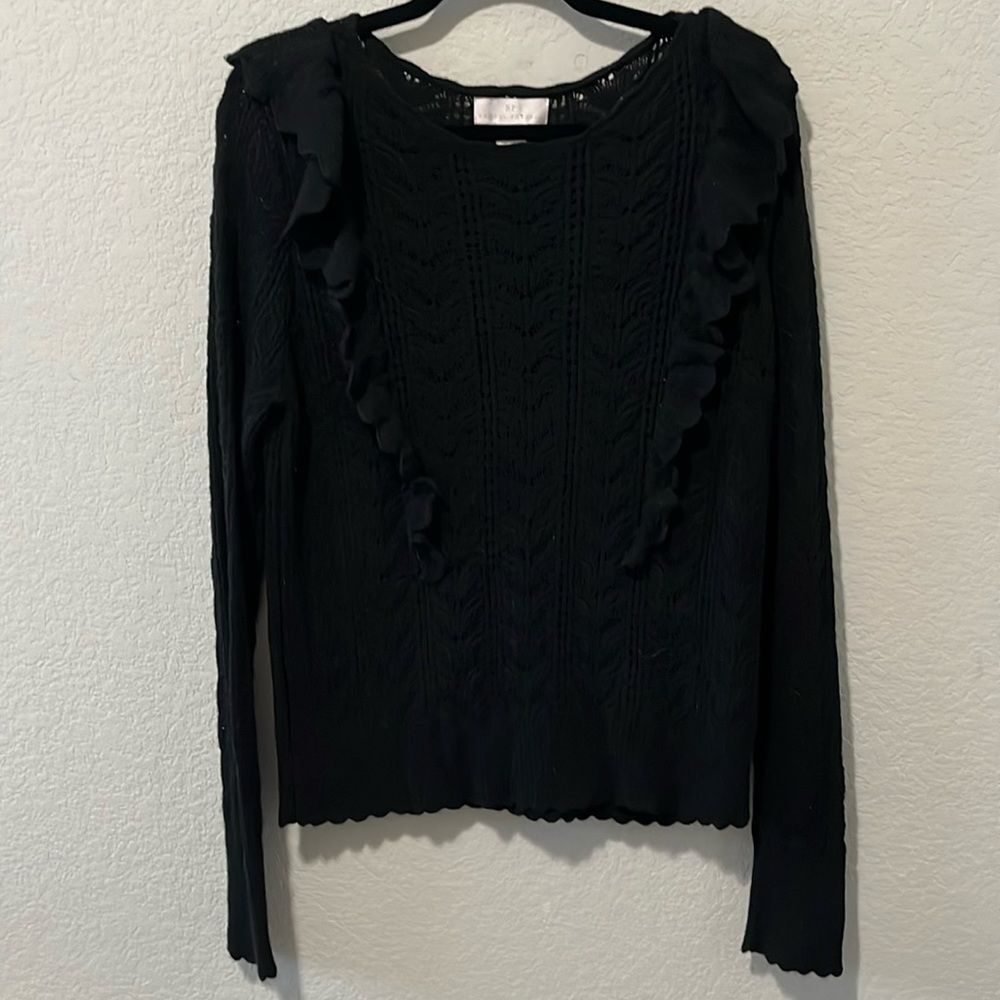 RACHEL PARCELL Black Pointelle Ruffle Lacy Knit Pullover Sweater, Size XL - Picture 2 of 11
